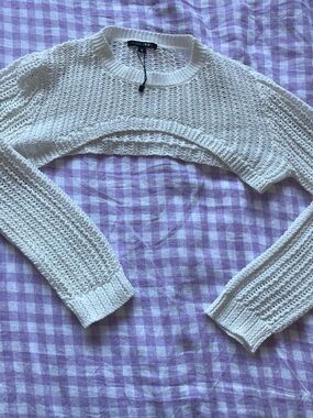 Papermoon White Cropped Open-Knit Crewneck Sweater
